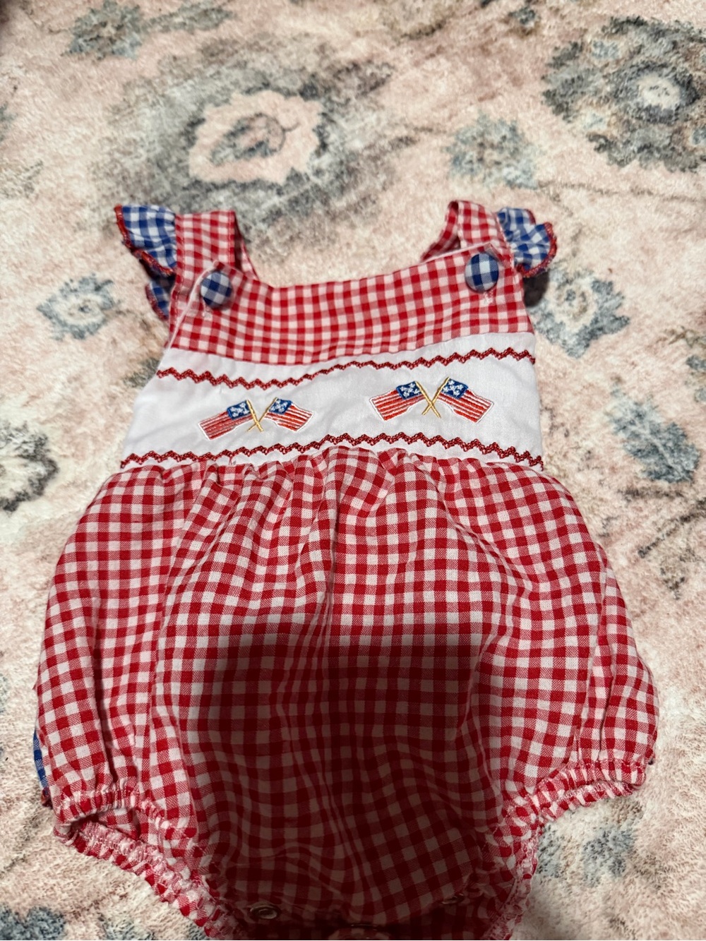 Red Gingham Baby Bubble Romper with Flag Embroidery